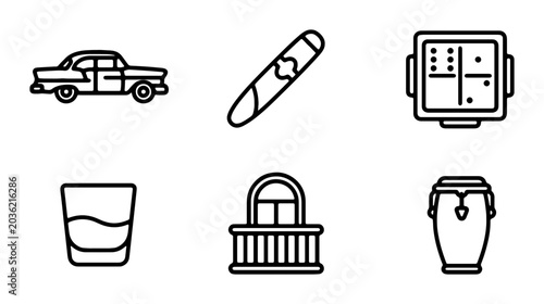Tableau sur toile Cuban Icons Vector Set: Classic Car, Cigar, Dominoes, Drink, Balcony, Conga Drum