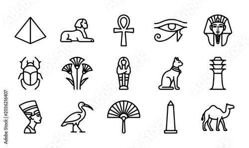 Bild auf Leinwand Ancient Egyptian Icons Set: Pharaoh, Pyramid, Sphinx, Scarab, Ankh, Eye of Horus