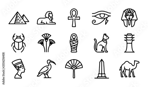 Tableau sur toile Ancient Egyptian Icons Set, Pharaoh Symbols, Hieroglyphics, Pyramids, Sphinx, An