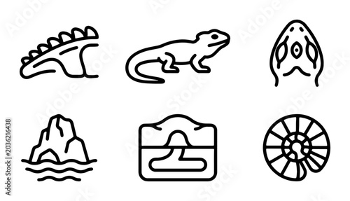 Foto Dinosaur Fossil Icons, Prehistoric Reptile Vector Graphics, Ancient Ammonite Sym
