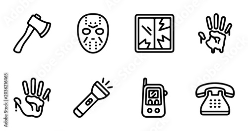 Fotografía Horror Icons: Axe, Mask, Broken Window, Blood Handprint, Flashlight, Radio, Phon