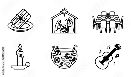 Cuadro en lienzo Christmas Icons: Nativity Scene, Tamale, Candle, Punch Bowl, Guitar, Dining Tabl