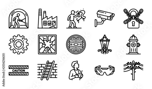 Bild auf Leinwand Urban Infrastructure Icons: Security, Safety, and Industry Vector Set for City S