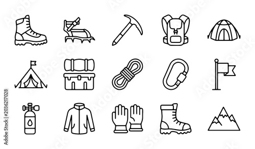 Schilderij op canvas Mountain Climbing Gear Icons, Adventure Equipment Set, Outdoor Sports Vector Gra