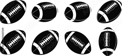 American Football Ball Icon Vector Set Featuring Black Silhouette Shapes and White Lacing Details in Various Angles for Sports Championship Graphic Designs