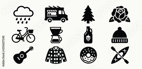 Pacific Northwest lifestyle icon set for urban travel and city branding projects