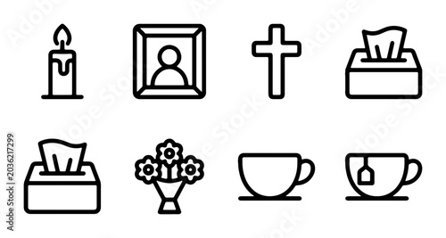 Foto Funeral Icons Set: Candle, Portrait Frame, Cross, Tissues, Flowers, Tea Cup, Gri