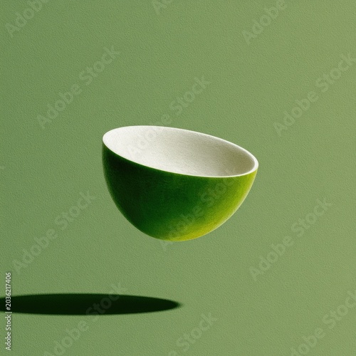 A green, half-cut bowl floats against a soft green background, casting a shadow