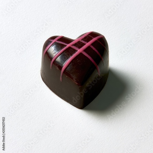 Dark chocolate heart-shaped confection with pink striped glaze