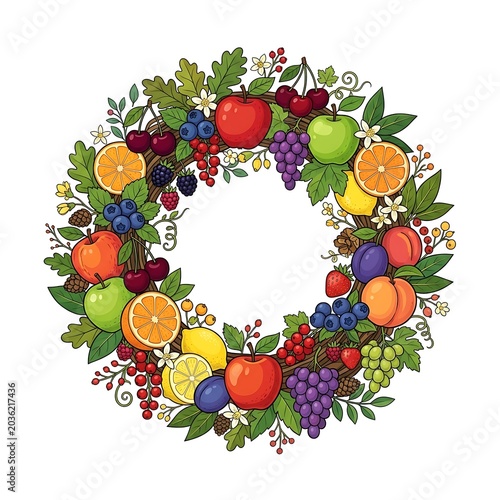 Colorful floral wreath with assorted fruits and flowers.