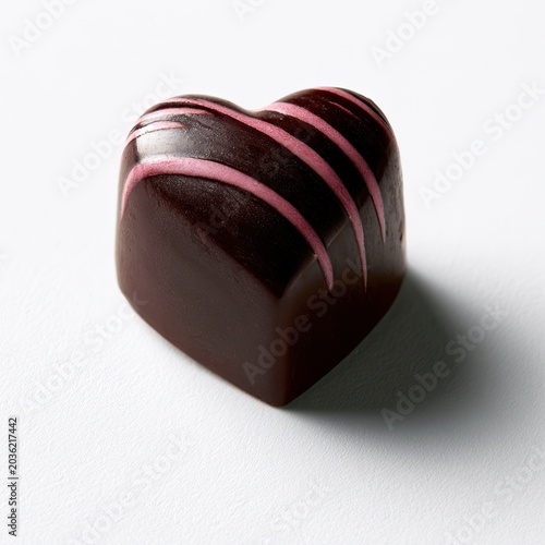 Heart-shaped dark chocolate confection with pink stripes on white