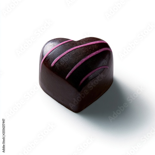 Dark chocolate heart-shaped confection with pink drizzle on white