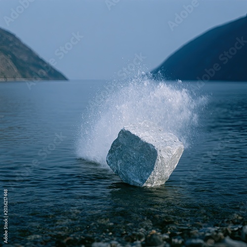 A large, rough stone splashes into clear blue water, creating a dynamic spray