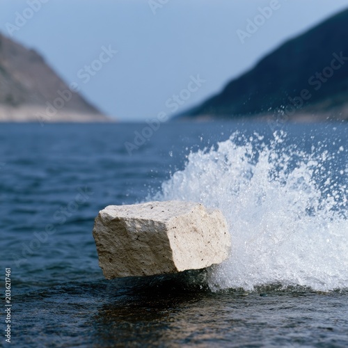 A rock splashes into calm water between rolling hills