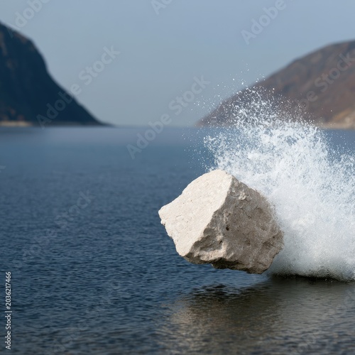 A large rock crashes into the water, creating a dramatic splash