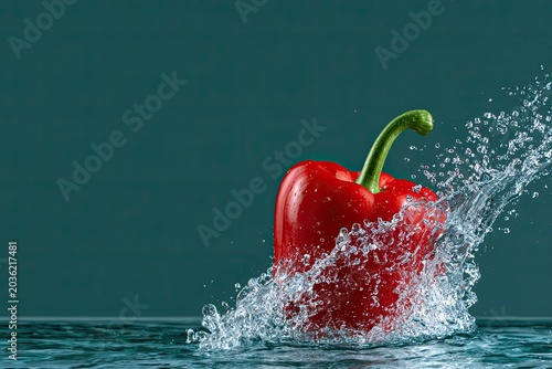 A vibrant red pepper splashes into clear water, creating dynamic, sparkling droplets