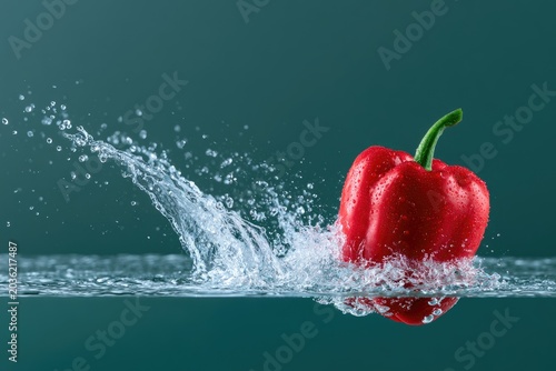 Red bell pepper splashes into clear water, creating dynamic ripples and drops