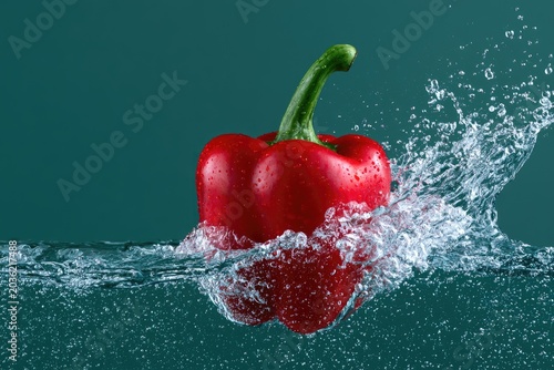 Vibrant red bell pepper splashing into cool, clear water