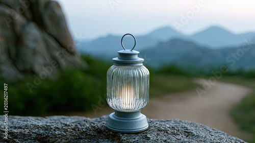 Vintage lantern glows on rocky outcrop, illuminating a winding path