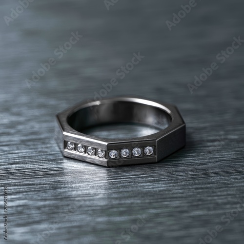 Sleek hexagonal band with seven shimmering gems, set on textured metal