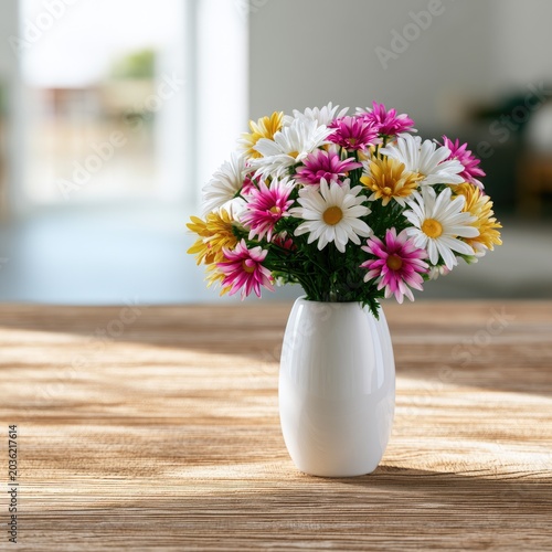 Vibrant bouquet of colorful daisies in a white vase on a wooden table