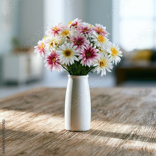 A white vase holds a bouquet of colorful daisy-like flowers on a wooden table