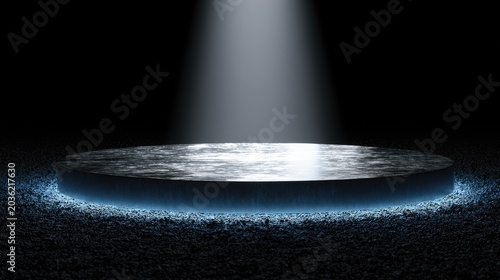 Dark background with a lit circular stage, illuminated by a bright spotlight