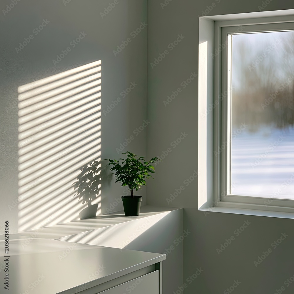Fototapeta premium Sunlit corner with blinds casting shadows, a potted plant sits on a shelf, winter scene visible outside