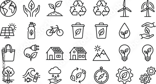 Cuadro en lienzo Ecology and Environmental Sustainability Line Icon Set Featuring Globe Recycle W