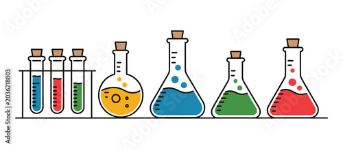 Obraz na płótnie Science lab equipment illustration displaying colorful laboratory flasks and test tubes with vibrant liquids for scientific research and chemistry learning