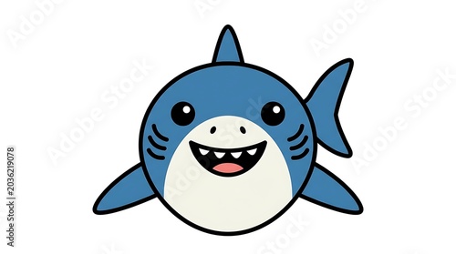 Smiling cartoon blue bird with beak and wings.
