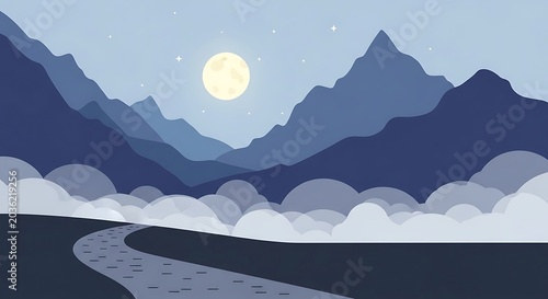 Moonlit Mountain Road Landscape Scene.