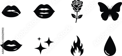 Set of love and romance icons including kissing lips, rose flower, butterfly, stars, and flame Vector