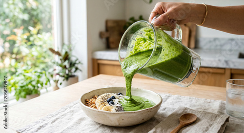 Viral TikTok Green Smoothie Poured Thickly into Bowl