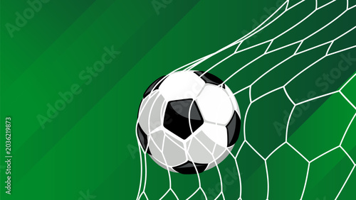 Soccer ball hitting the goal net on abstract green background sports vector illustration