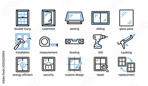 Window types and installation icons grid shown on white background