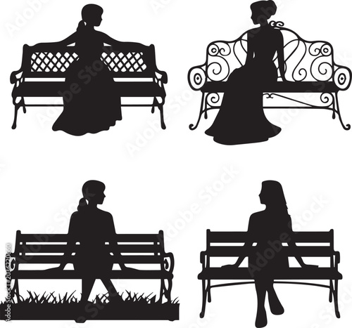 Couple sitting on a bench in different romantic poses vector Vector