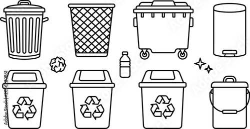 Cuadro en lienzo Recycling bin trash can and waste disposal line icon set featuring dumpster mesh