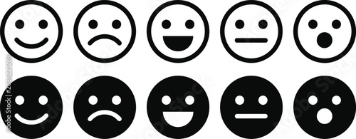Set of ten simple smiley face emoticons showing different emotions and expressions Vector