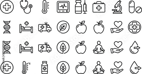 Medical healthcare and wellness linear outline icon set featuring stethoscope hospital bed ambulance medicine pill apple dna helix