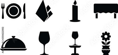 Set of black dining and kitchen icons with fork knife spoon wine glass bell and candle Vector