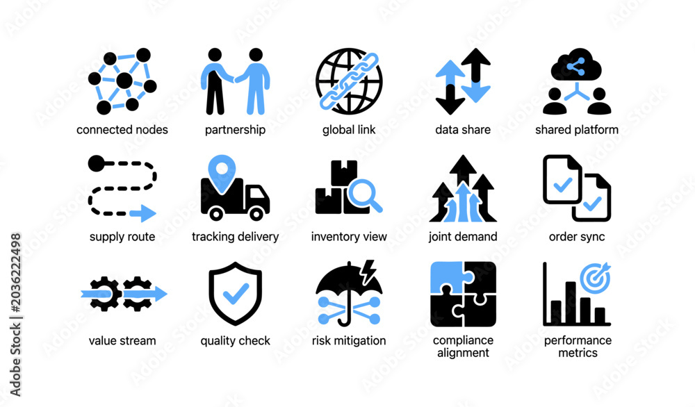 Fototapeta premium Supply chain and safety icons arranged in grid on white