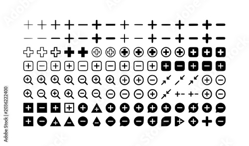 Obraz na płótnie Black and white plus minus icon vector set with medical and add symbols