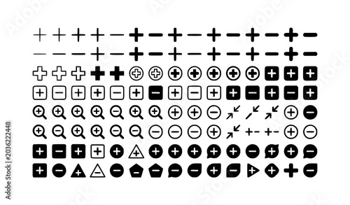 Konstfotografi Monochrome plus minus icon pack with medical cross vector illustrations