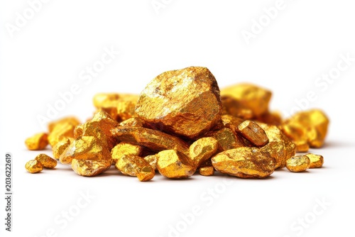 Pile of raw gold nuggets, precious metal, valuable natural mineral resource.