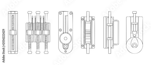 Photos Mechanical linear actuator gear blueprint showing screw drive, rack and pinion, piston, and cam follower components in black and white vector outline layout, ideal for industrial design concepts