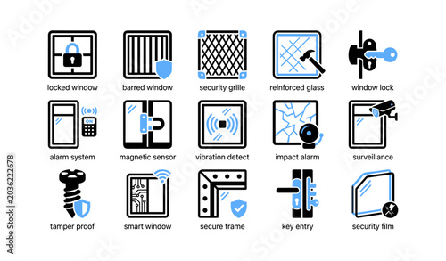 Window security icons showing locks alarms and protective features