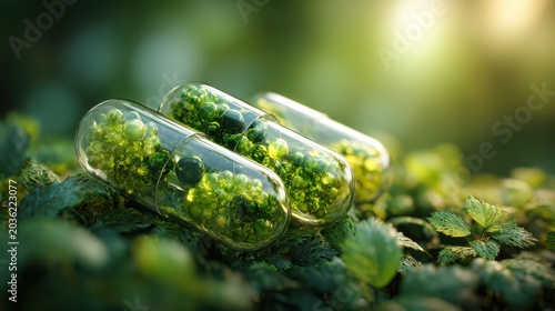 Transparent capsules with green herbal extract on moss natural supplement health.