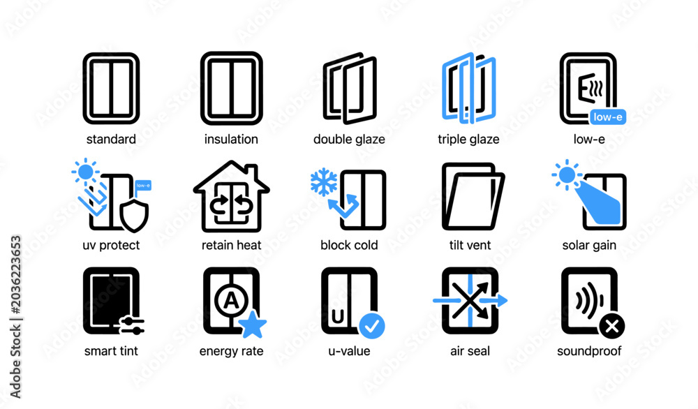 Fototapeta premium Window and glazing performance icons illustrating insulation features