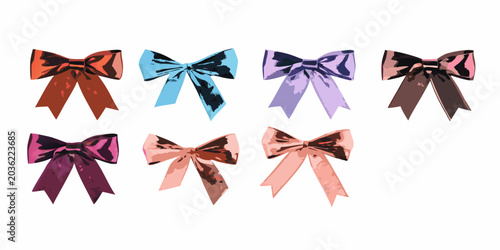 Obraz na płótnie Seven Ribbon Bows Arranged Horizontally Against White Background